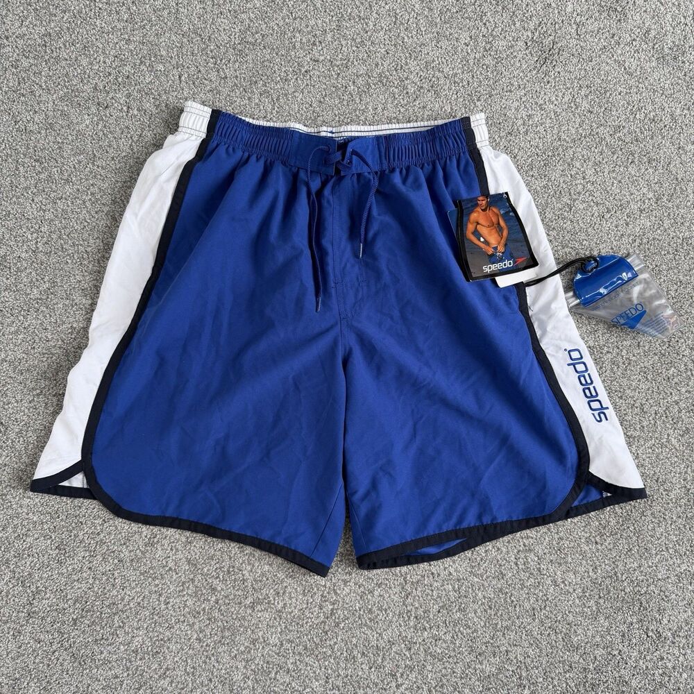 Speedo Swim Trunks with Waterproof Pocket Men's Blue White Size Large NEW